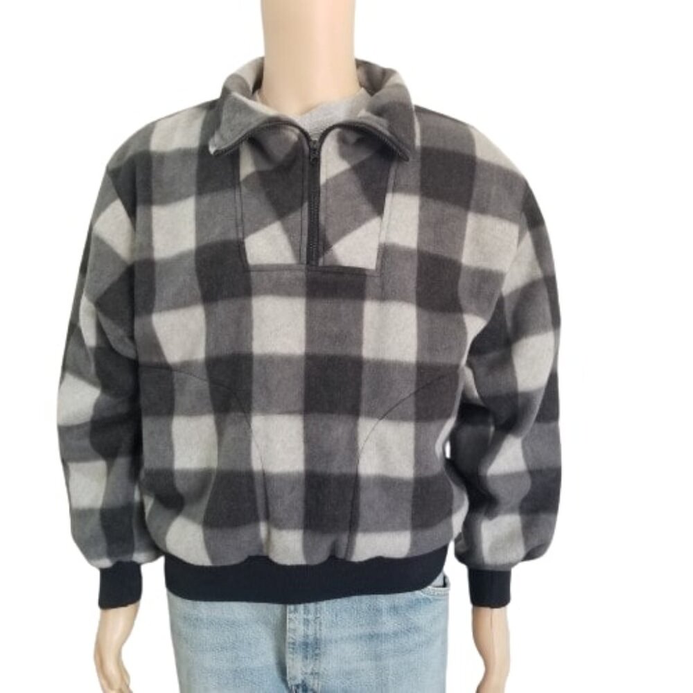 J.B. Britton Sweatshirt Plaid Half Zip Pullover Black Gray White Pockets Mens XL
